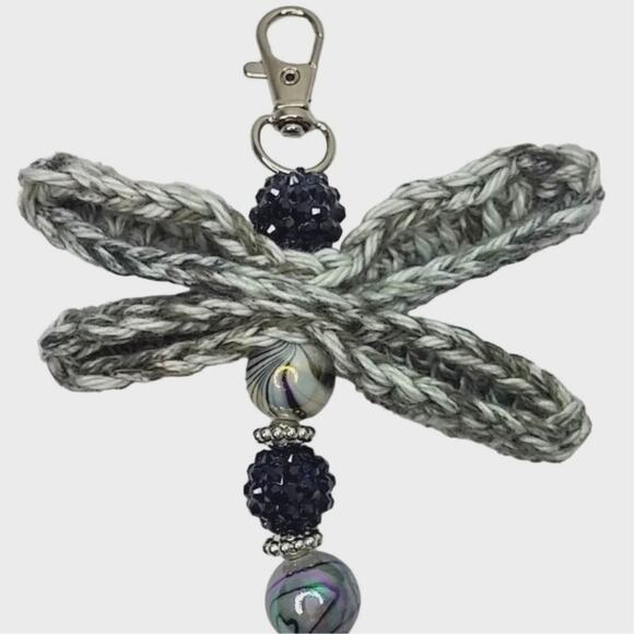 Crochet Dragonfly Bag Charm Hand Crafted Blingy Beaded Purse Keychain Black NEW - Picture 10 of 11